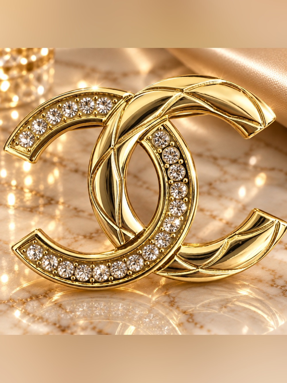 Gold Tone Rhinestone Interlocking Brooch Pin Sparkly Statement Jewelry